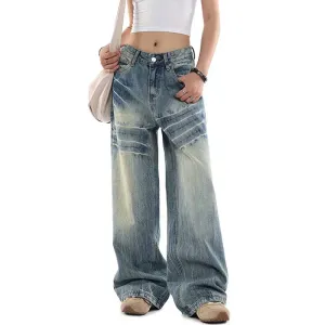 Aiertu Y2K Wide Leg Retro High Waist Trashy Denim Trouser Women's Baggy 2000s Vintage Casual Pants Contrast Color High Street Jeans
