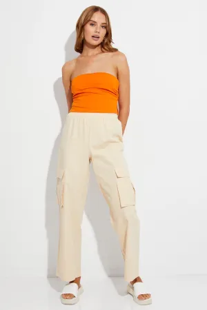 Beige Elastic Waist High Rise Wide Leg Cargo Pants