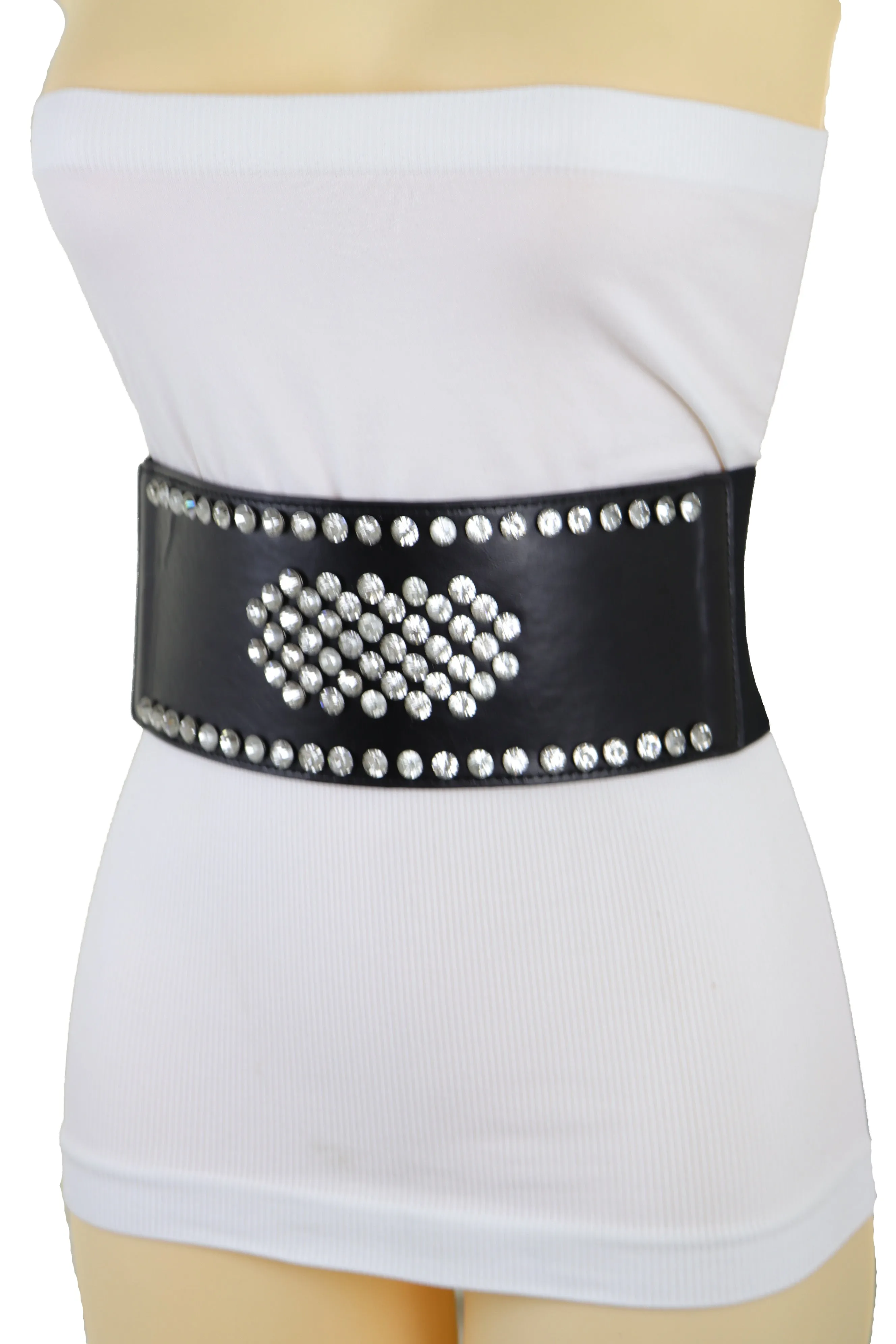 Black Color Elastic Wide Band Fashion Belt Silver Bling Shield Size M L