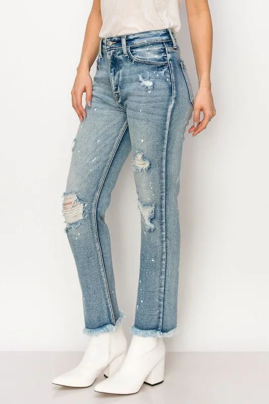 DISTRESSED FRAYED STRAIGHT LEG DENIM