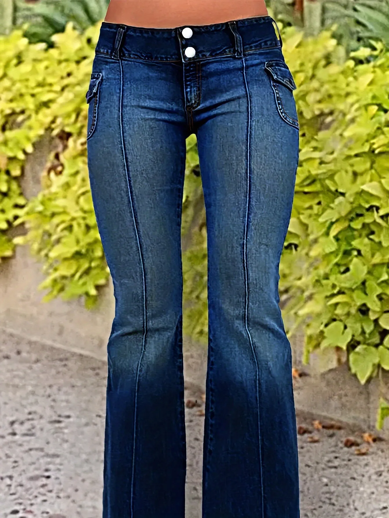 Flap Pocket Pintuck Flare Leg Jeans, Retro Washed Blue Double Buttons Bell Bottom Denim Pants, Women's Denim Jeans & Clothing