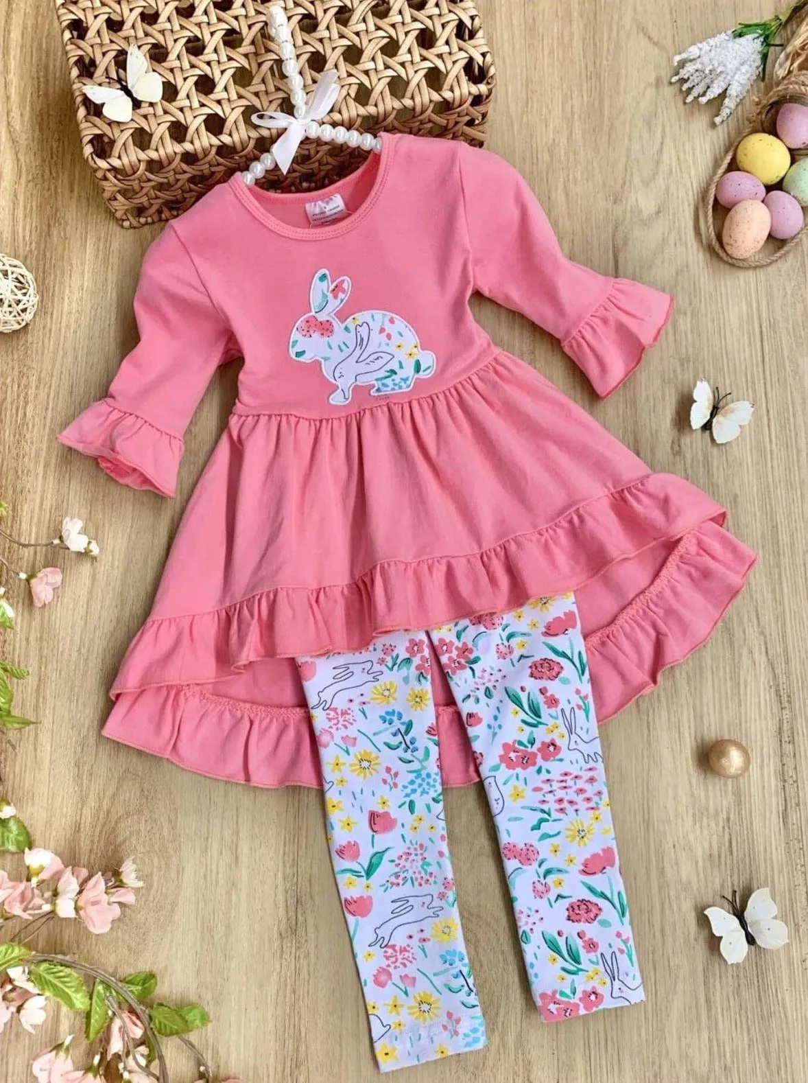 Girls Easter Themed Ruffled Hi-Lo Tunic And Legging Set
