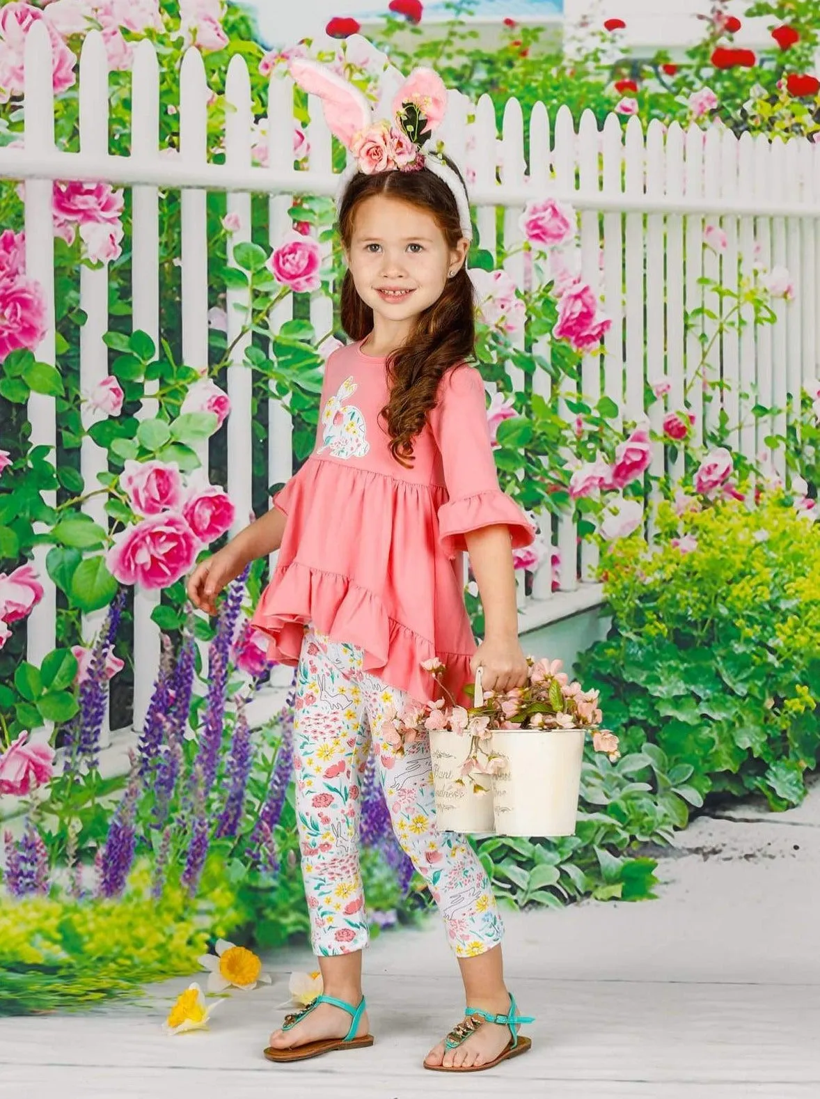 Girls Easter Themed Ruffled Hi-Lo Tunic And Legging Set