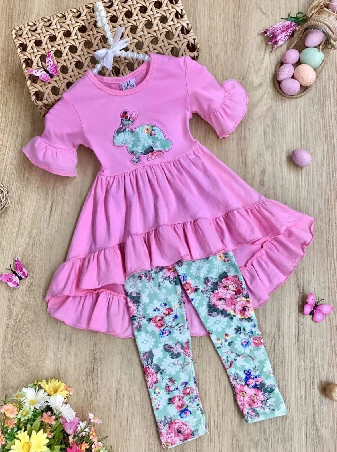 Girls Easter Themed Ruffled Hi-Lo Tunic And Legging Set