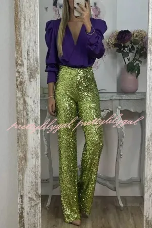 Glitzy Glamour Sequin High Rise Elastic Waist Wide Leg Pants