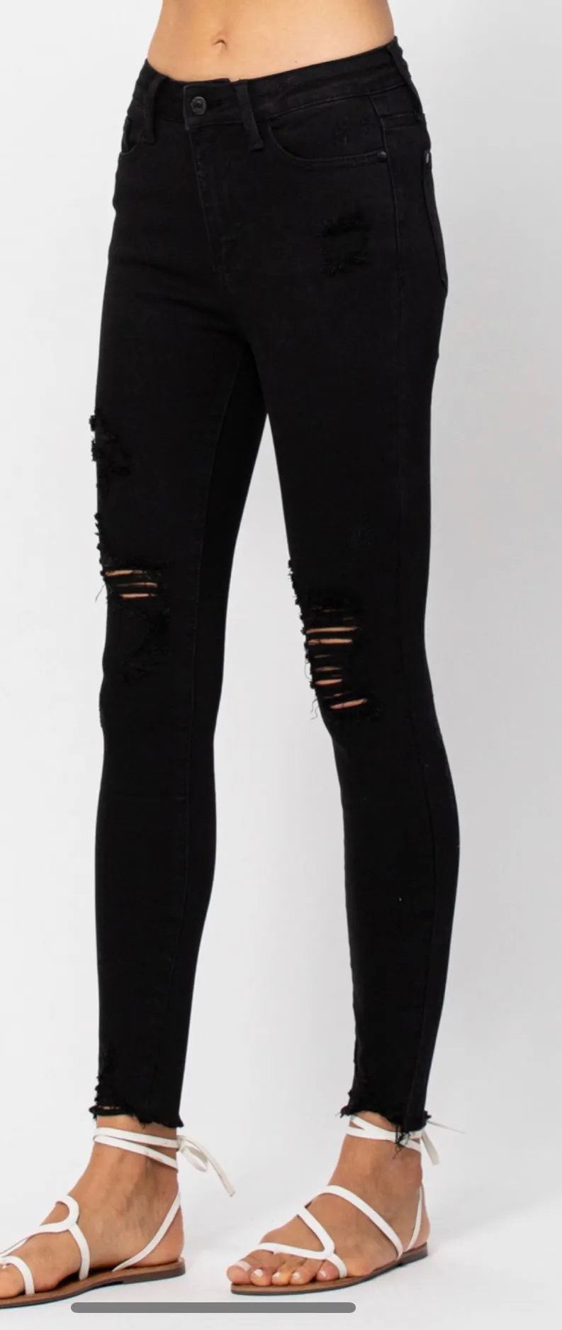 High waist jet black destroyed skinny