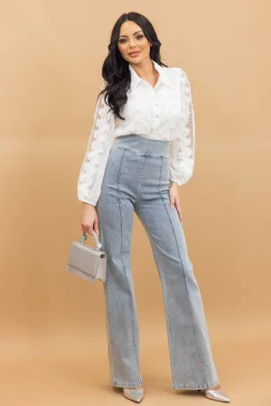 HIGH WAIST WASHED DENIM STRETCH PANTS