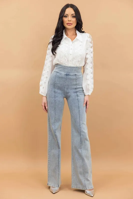 HIGH WAIST WASHED DENIM STRETCH PANTS