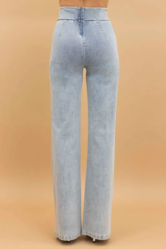 HIGH WAIST WASHED DENIM STRETCH PANTS