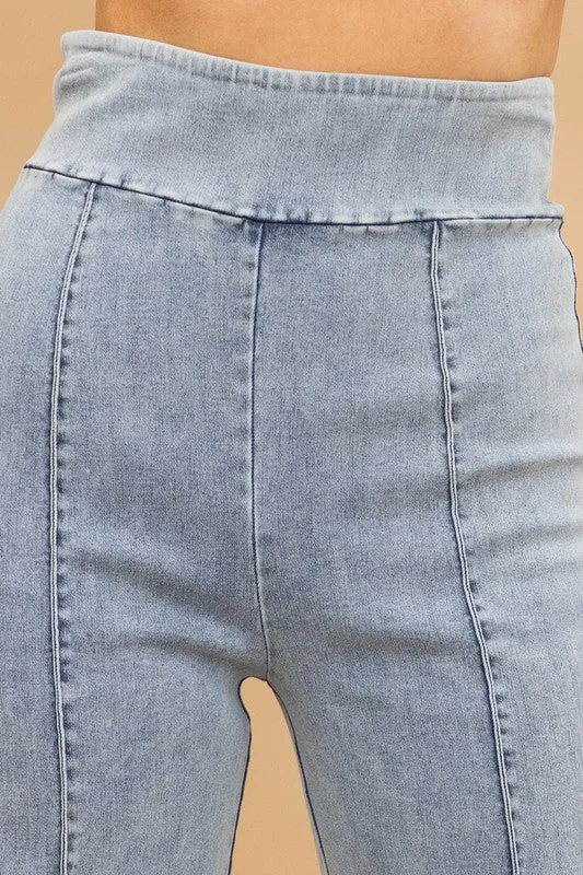HIGH WAIST WASHED DENIM STRETCH PANTS