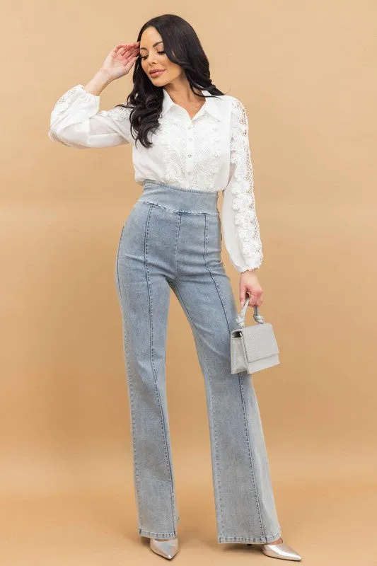 HIGH WAIST WASHED DENIM STRETCH PANTS