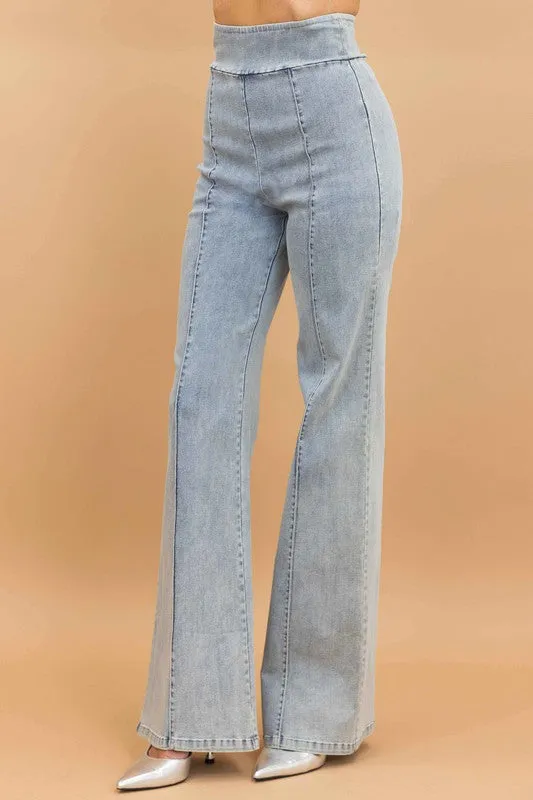 HIGH WAIST WASHED DENIM STRETCH PANTS