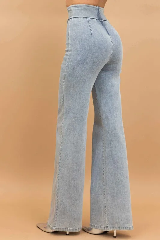 HIGH WAIST WASHED DENIM STRETCH PANTS