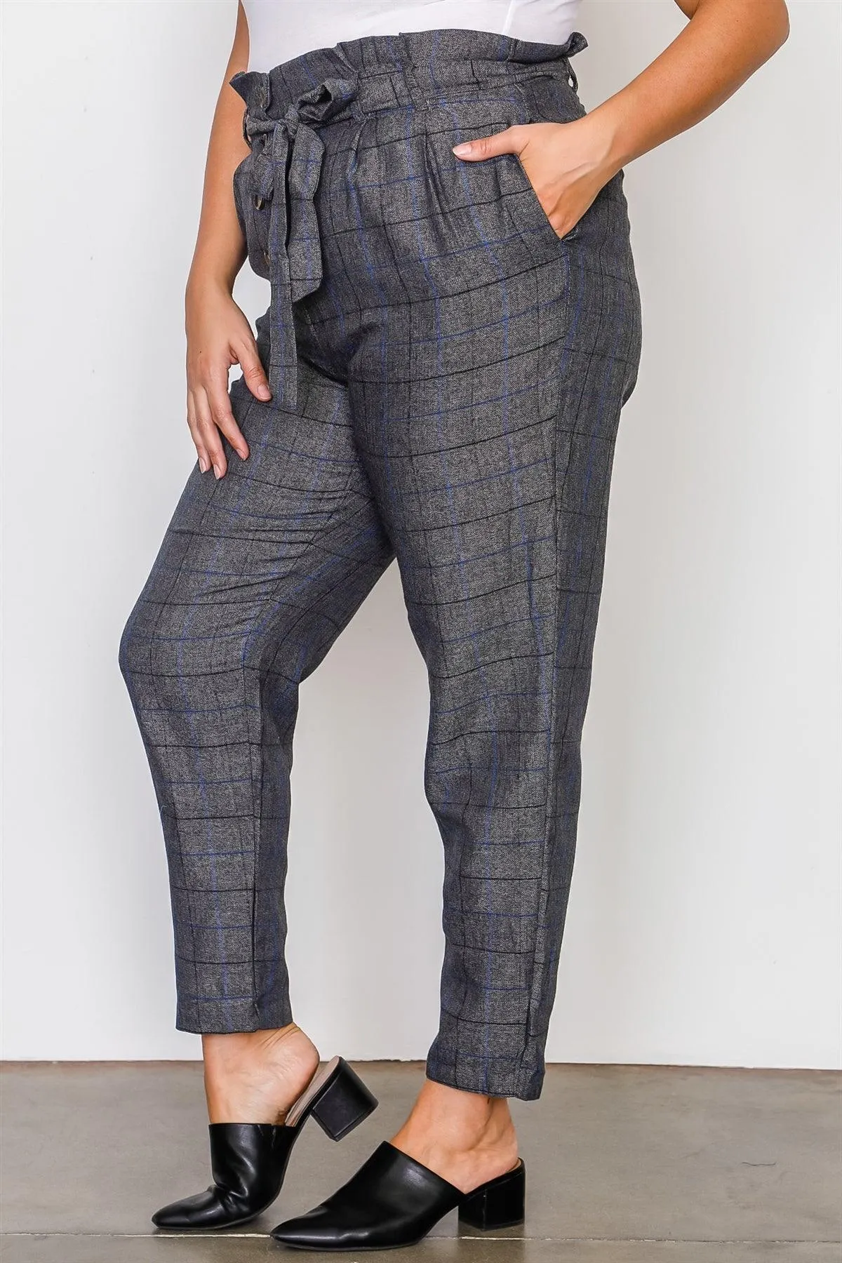 Junior Plus Size Grey Plaid Print Frill Waist Belted Pants /3-2-1