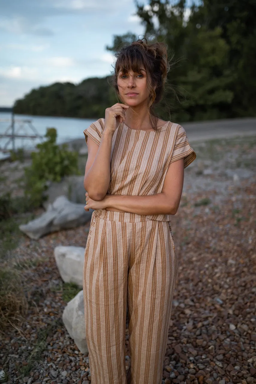 Katie Handwoven Cotton Set in Mustard and Cream Stripe - M Pants and XL Set