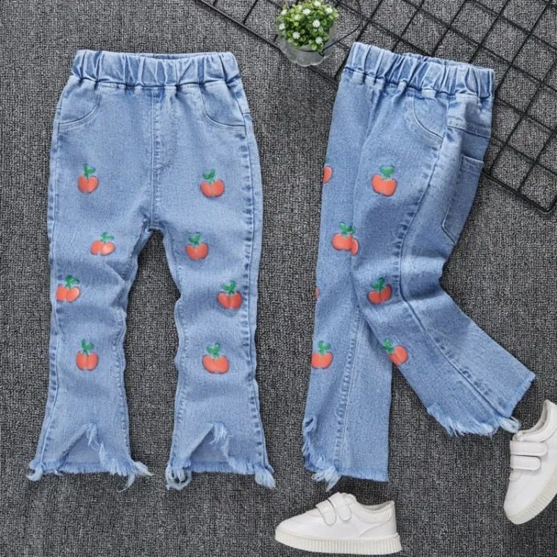 Kids Girls Denim Jeans Spring Autumn Pants Elastic Waistband Casual Bottom Long Pants - GJN0162