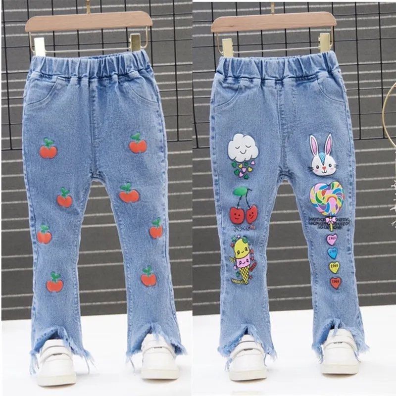 Kids Girls Denim Jeans Spring Autumn Pants Elastic Waistband Casual Bottom Long Pants - GJN0162