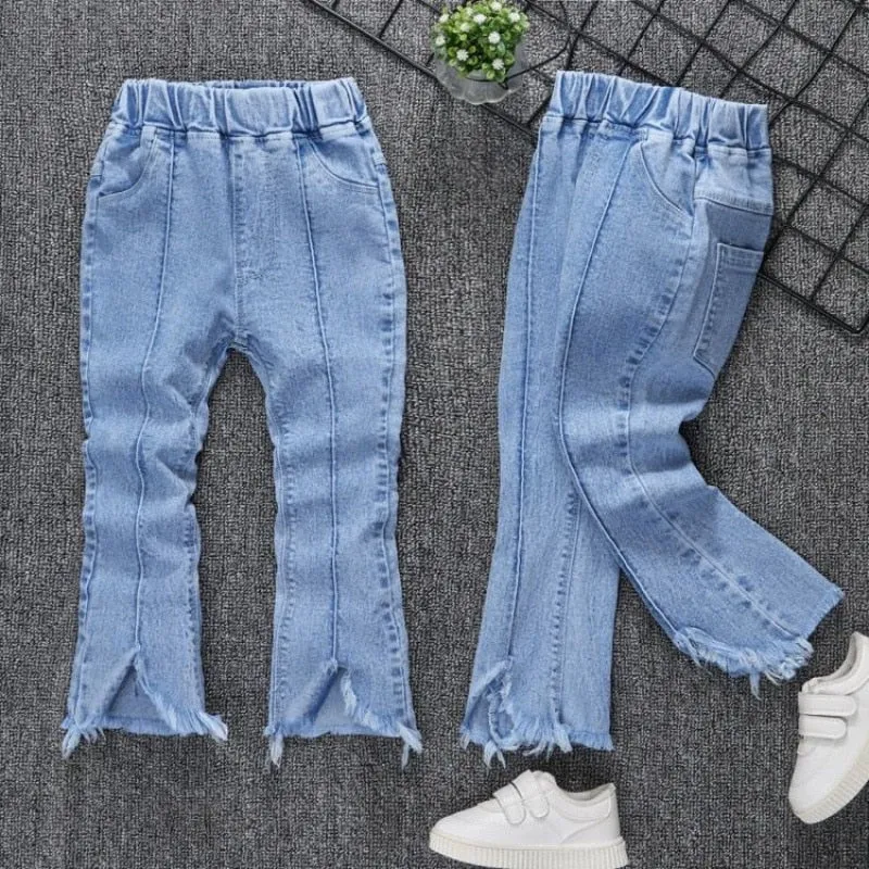 Kids Girls Denim Jeans Spring Autumn Pants Elastic Waistband Casual Bottom Long Pants - GJN0162