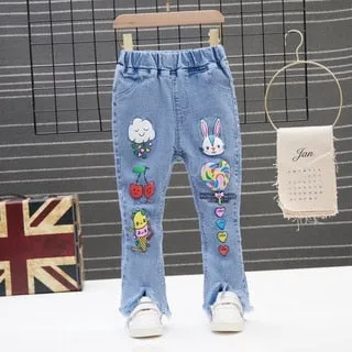 Kids Girls Denim Jeans Spring Autumn Pants Elastic Waistband Casual Bottom Long Pants - GJN0162