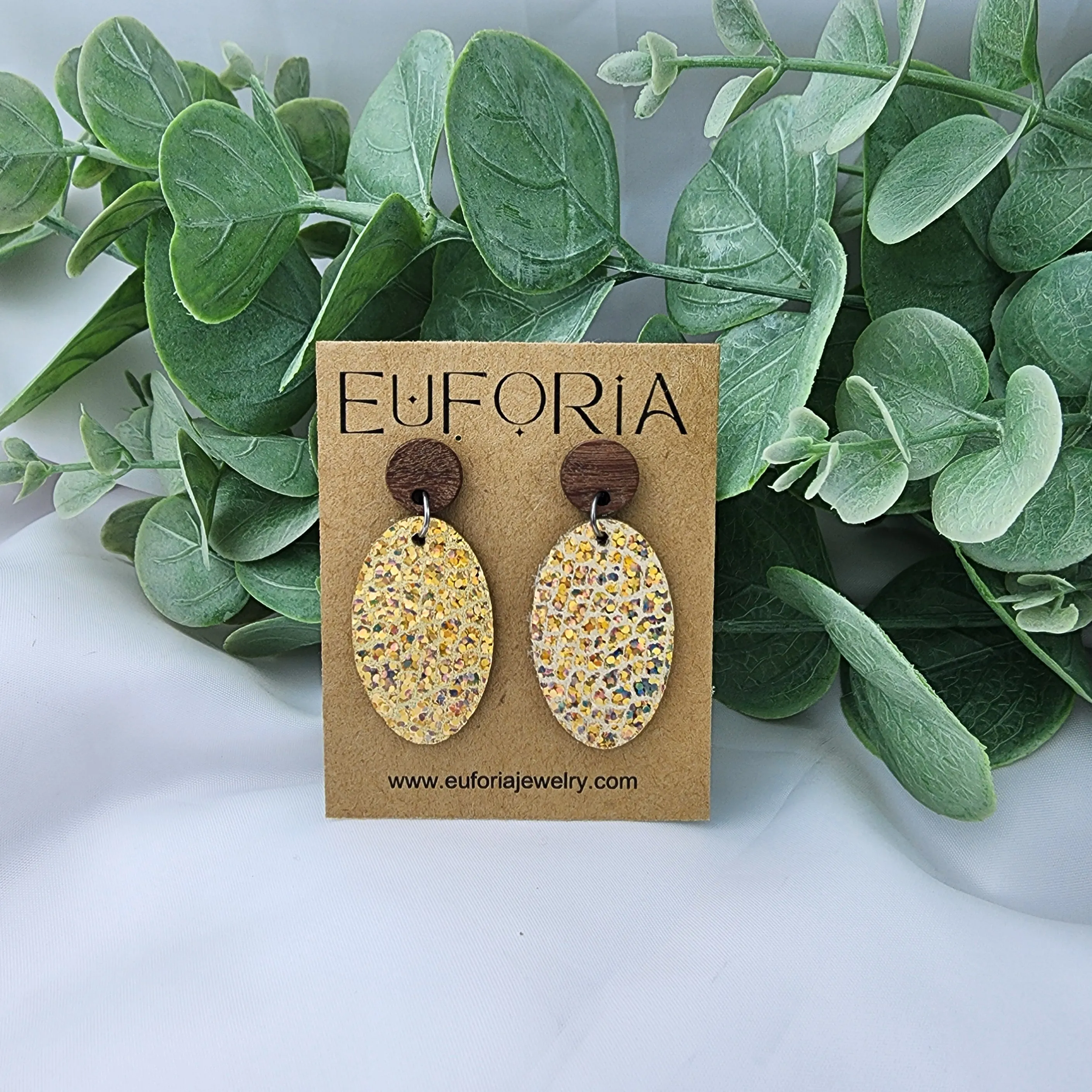 Oval Leather Earrings - Cracked Holographic Tan