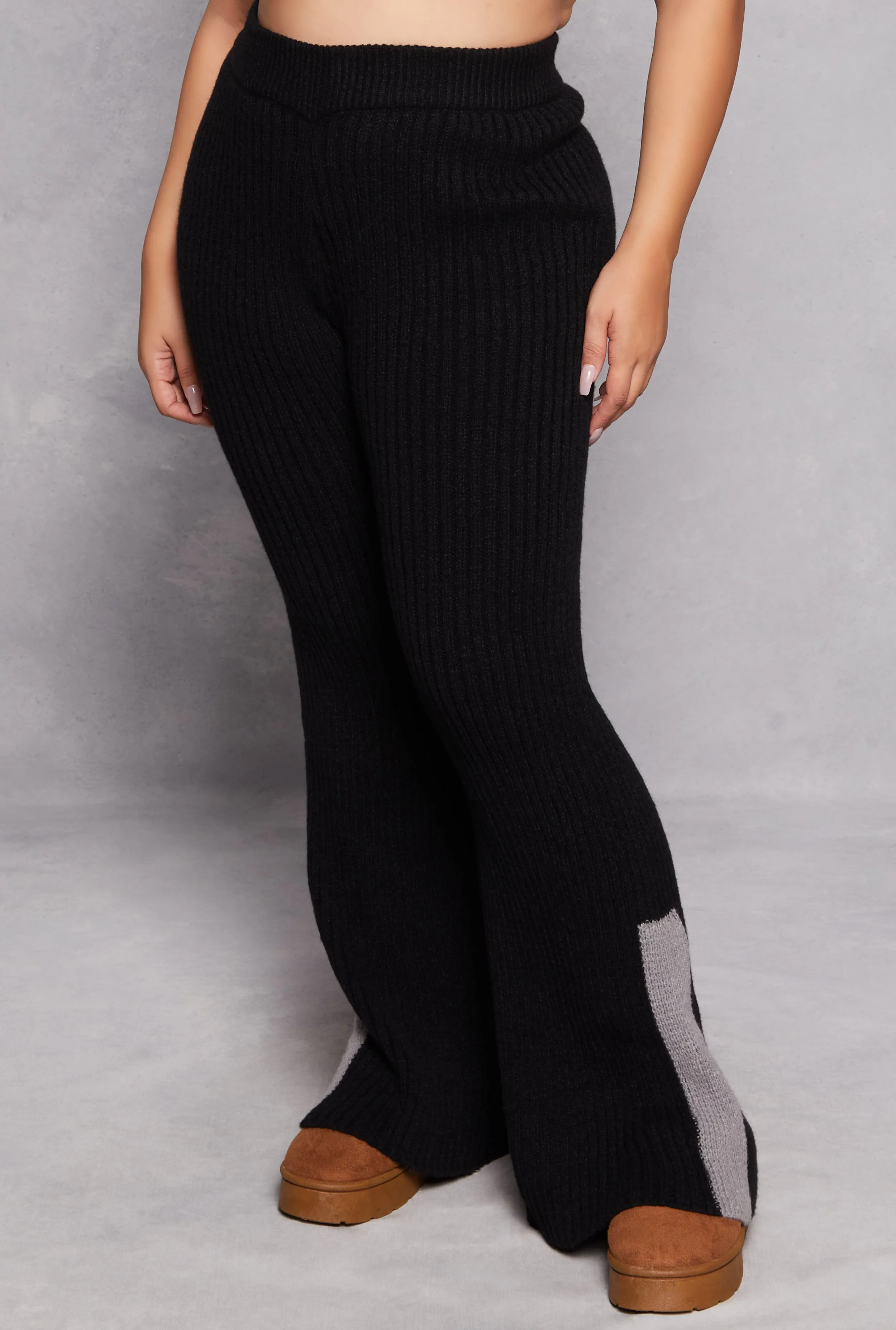 Plus Size Knit Contrast Stripe High Waist Flare Pants