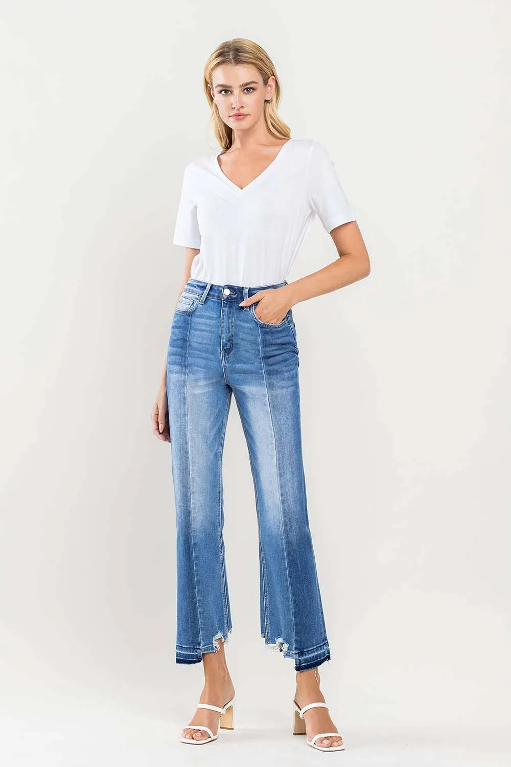 SUPER HIGH RISE CROP CONTRAST PANEL STRAIGHT JEANS
