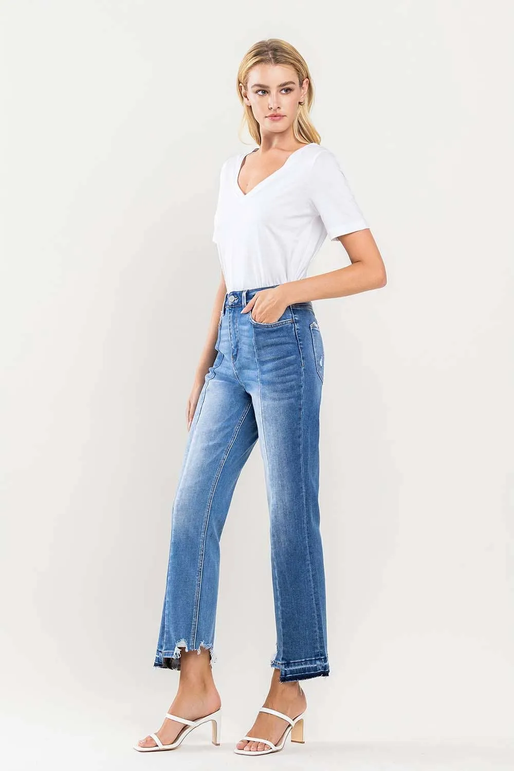 SUPER HIGH RISE CROP CONTRAST PANEL STRAIGHT JEANS