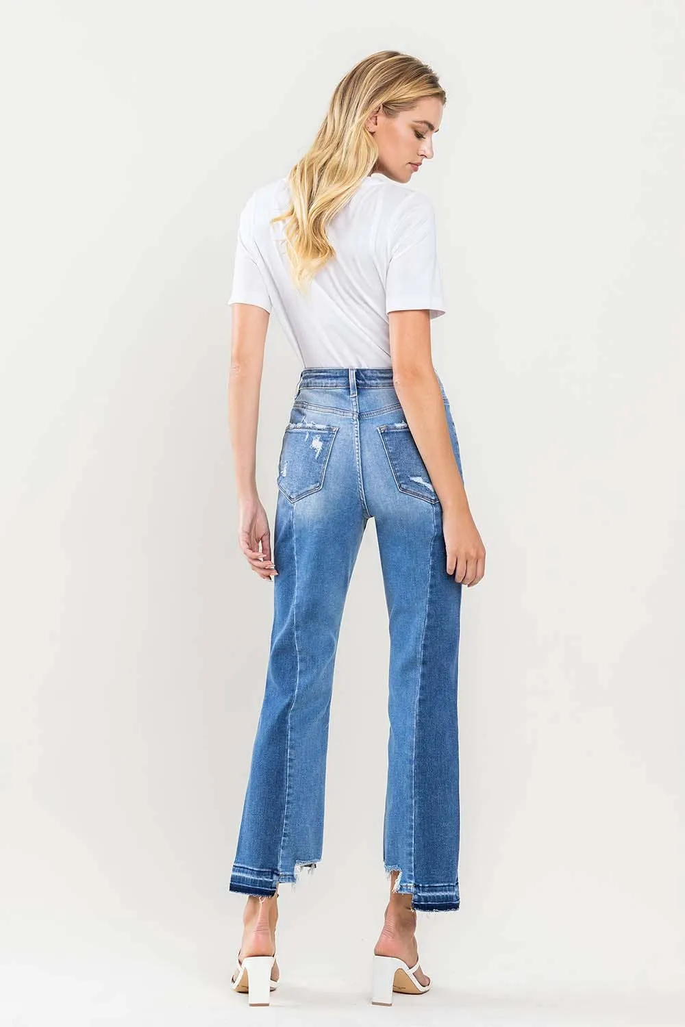SUPER HIGH RISE CROP CONTRAST PANEL STRAIGHT JEANS