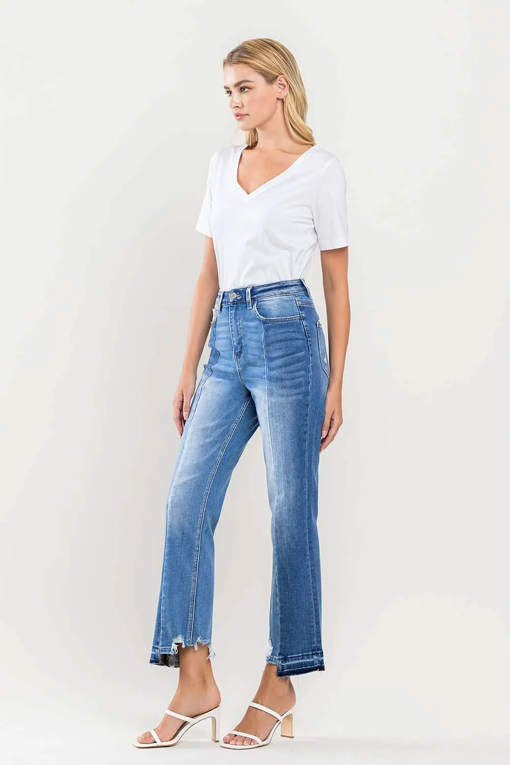 SUPER HIGH RISE CROP CONTRAST PANEL STRAIGHT JEANS