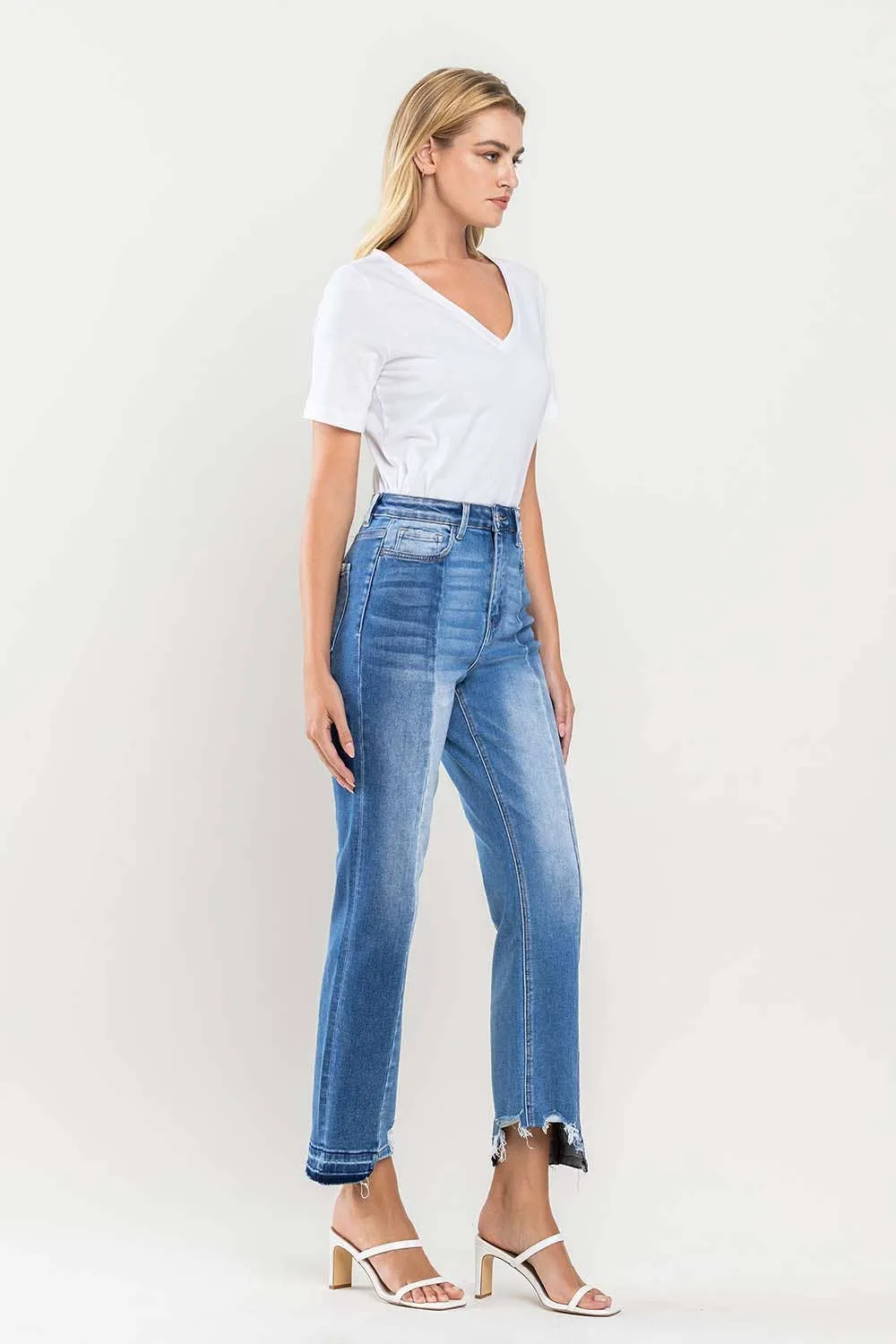 SUPER HIGH RISE CROP CONTRAST PANEL STRAIGHT JEANS