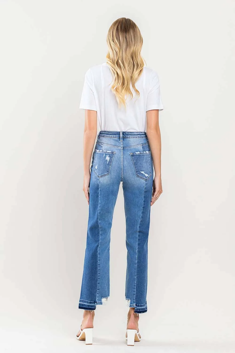 SUPER HIGH RISE CROP CONTRAST PANEL STRAIGHT JEANS