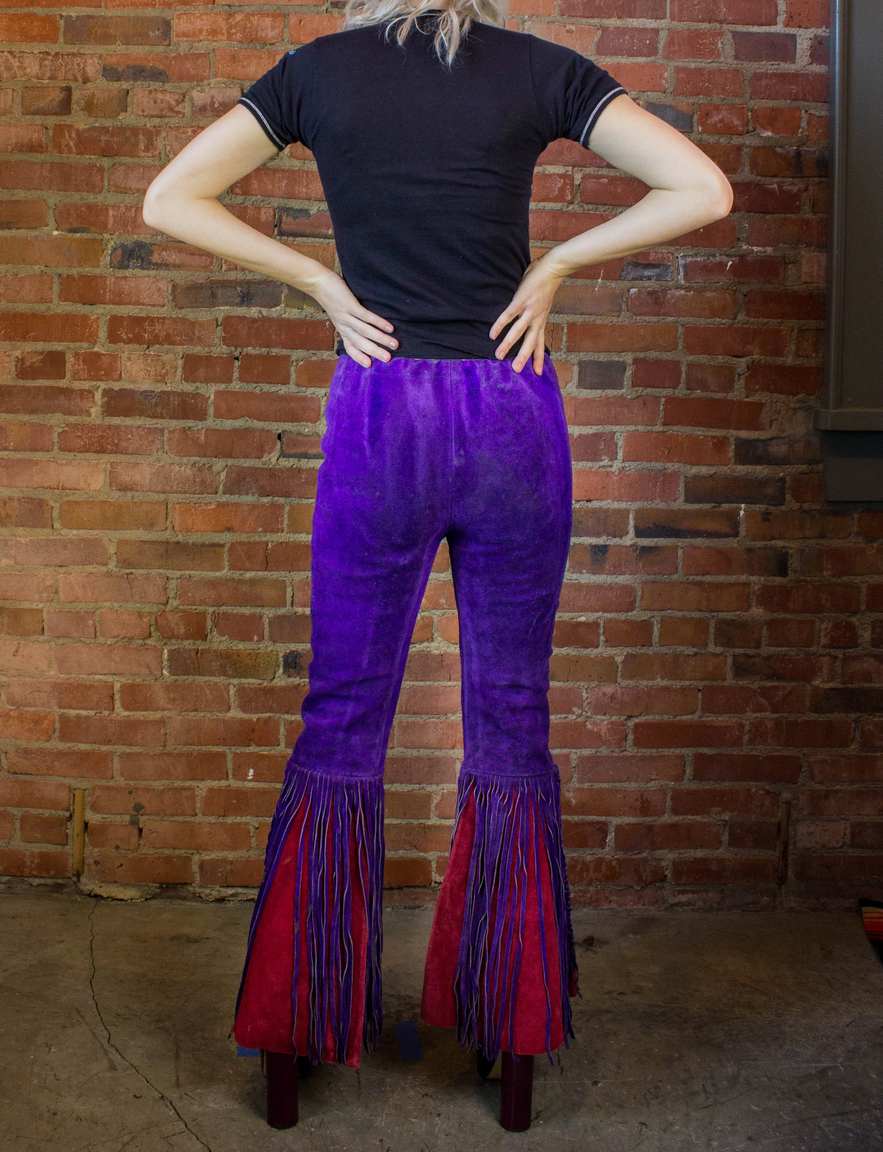Vintage 70s Suede Front Lacing Fringe Purple and Red Bellbottom Pants Unisex 26/28x29