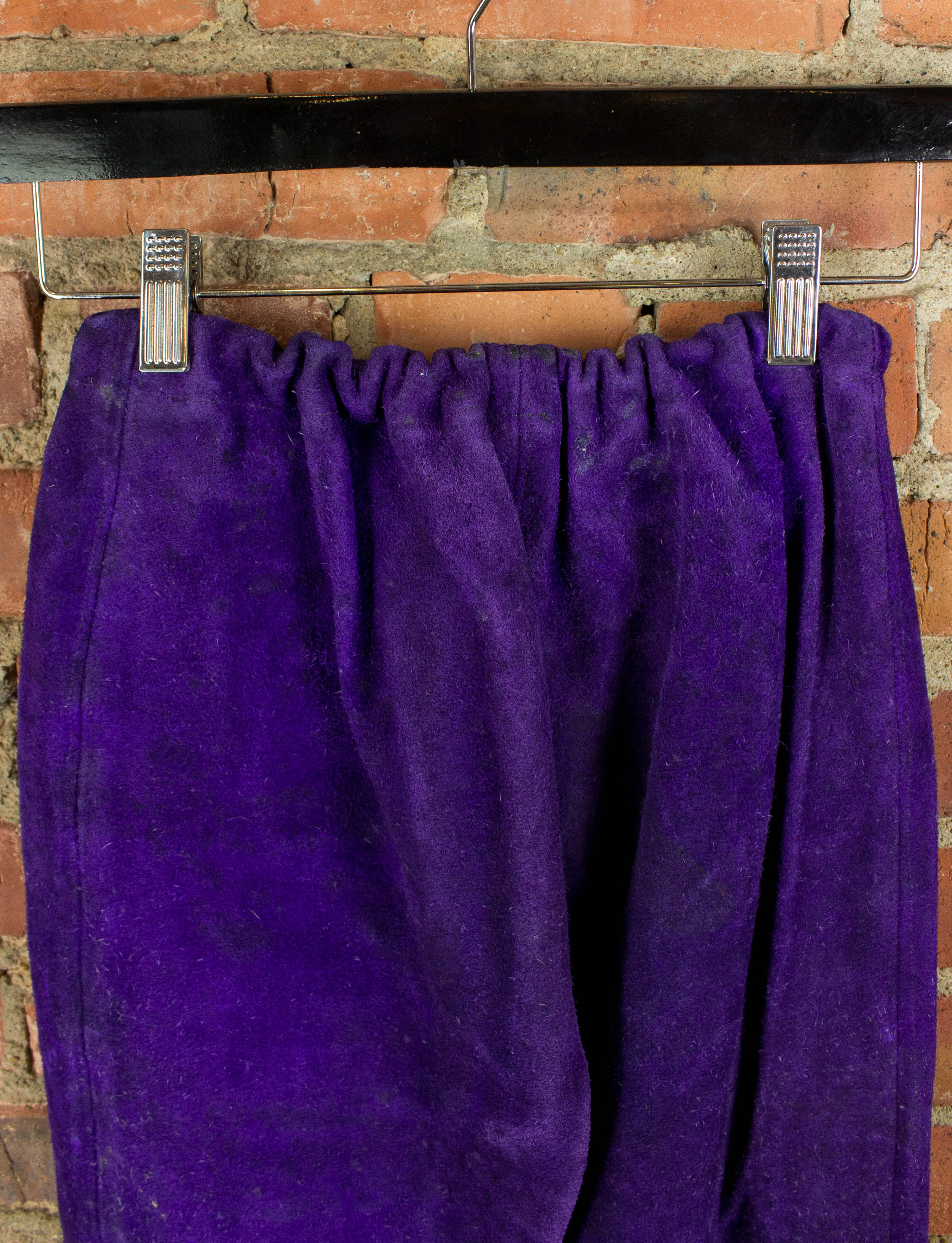 Vintage 70s Suede Front Lacing Fringe Purple and Red Bellbottom Pants Unisex 26/28x29