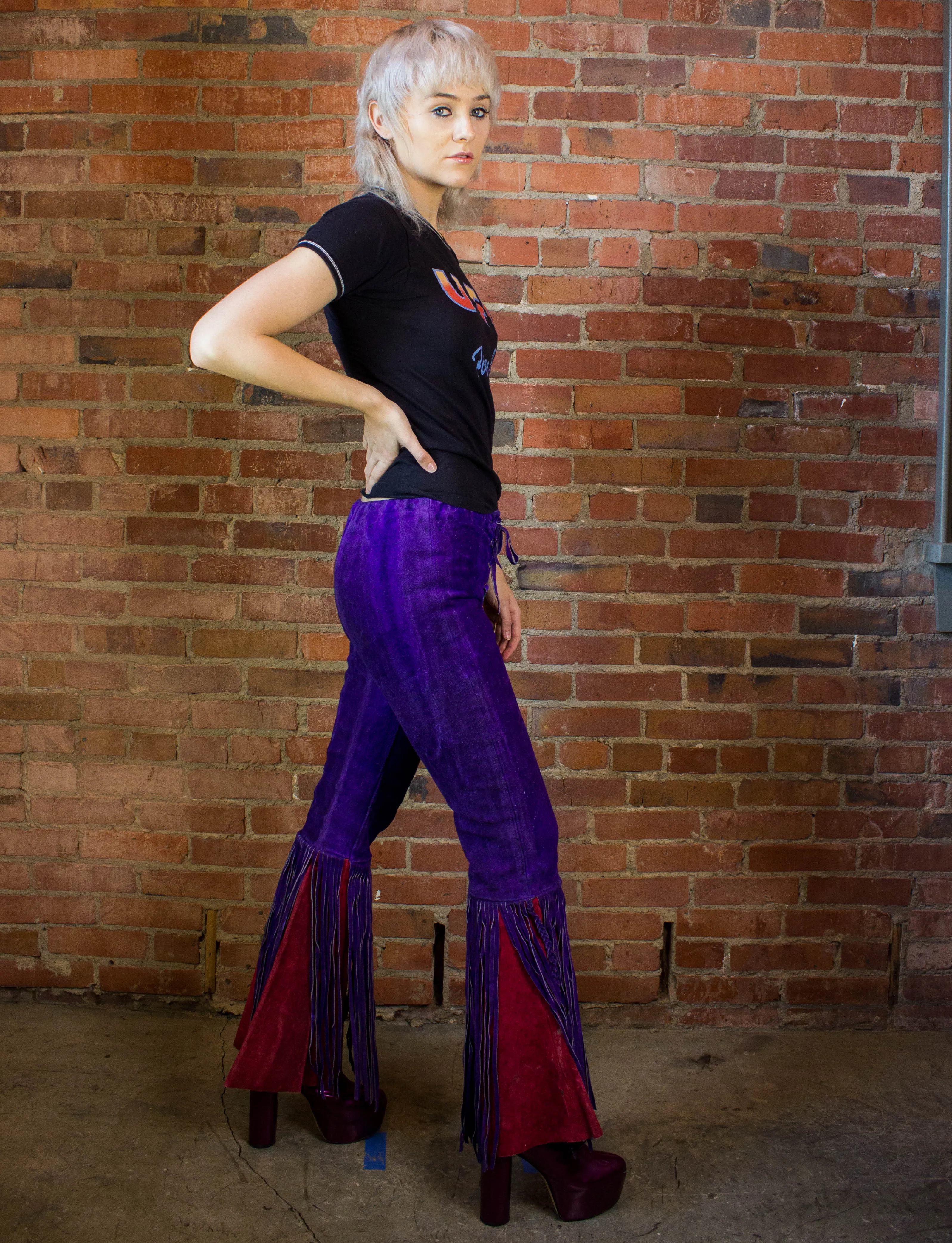 Vintage 70s Suede Front Lacing Fringe Purple and Red Bellbottom Pants Unisex 26/28x29