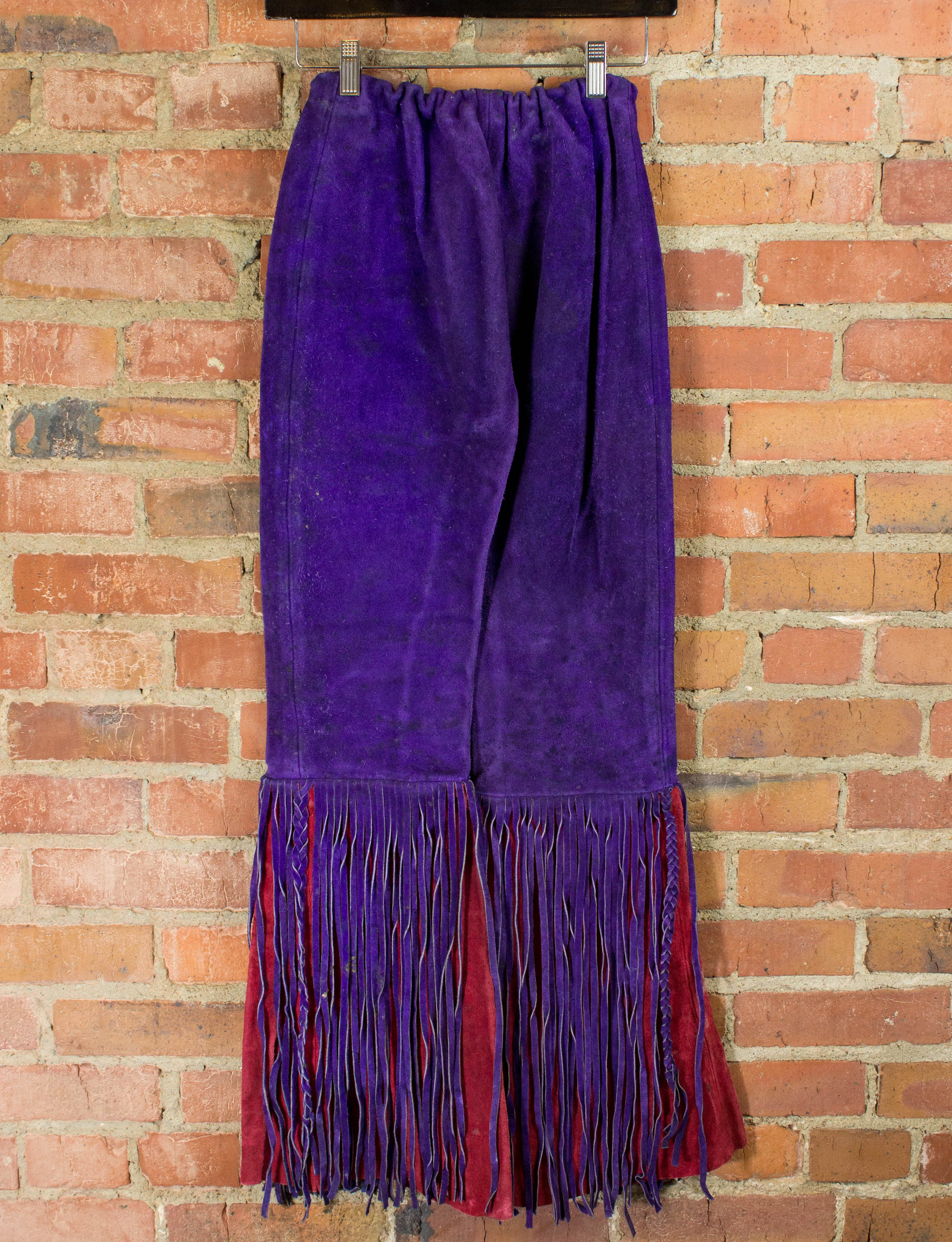Vintage 70s Suede Front Lacing Fringe Purple and Red Bellbottom Pants Unisex 26/28x29