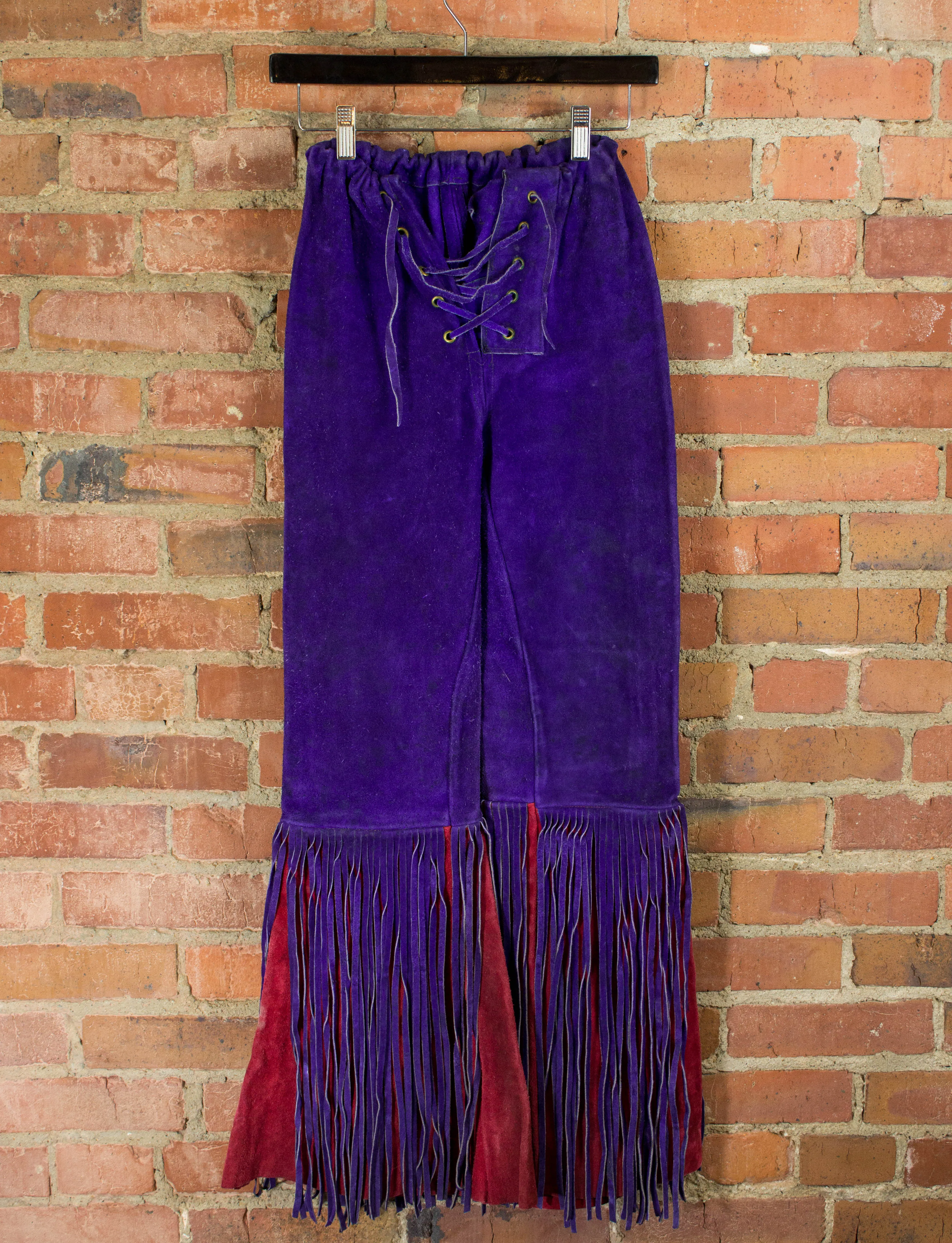 Vintage 70s Suede Front Lacing Fringe Purple and Red Bellbottom Pants Unisex 26/28x29