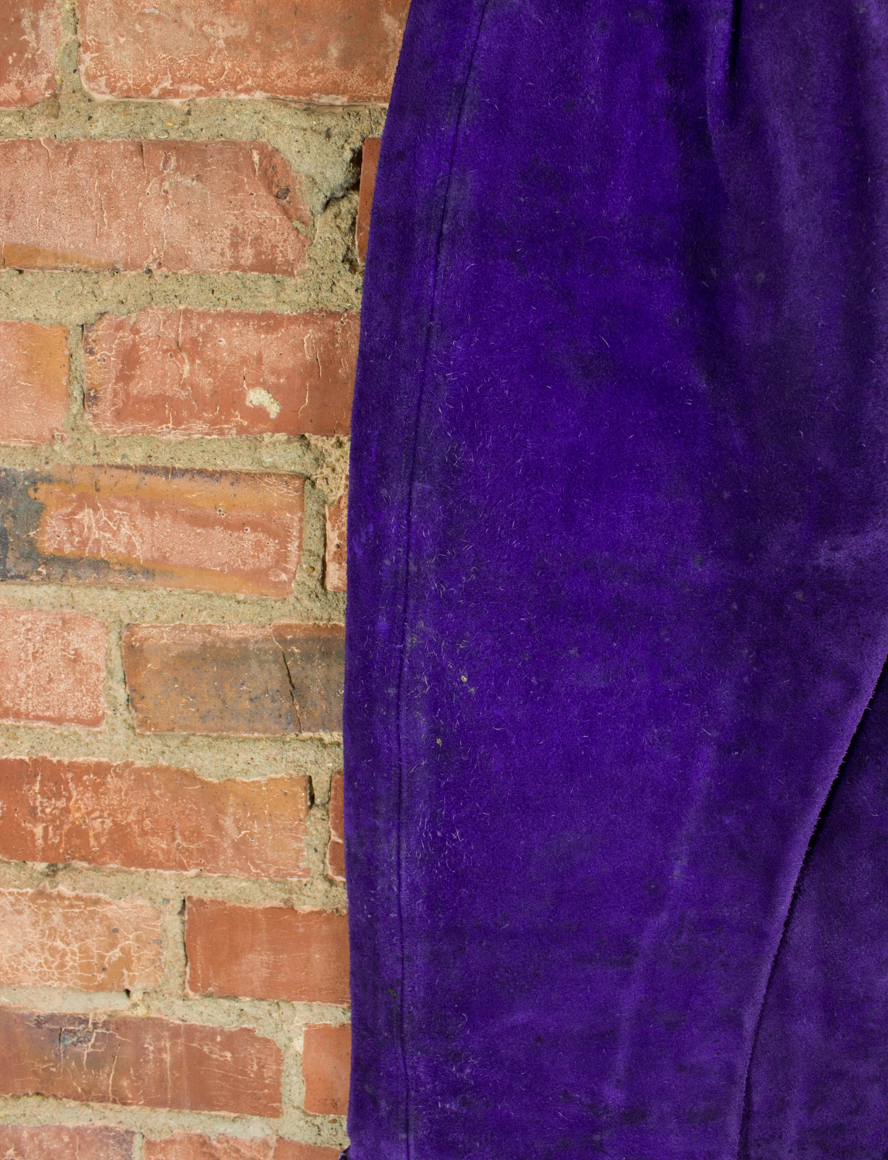 Vintage 70s Suede Front Lacing Fringe Purple and Red Bellbottom Pants Unisex 26/28x29