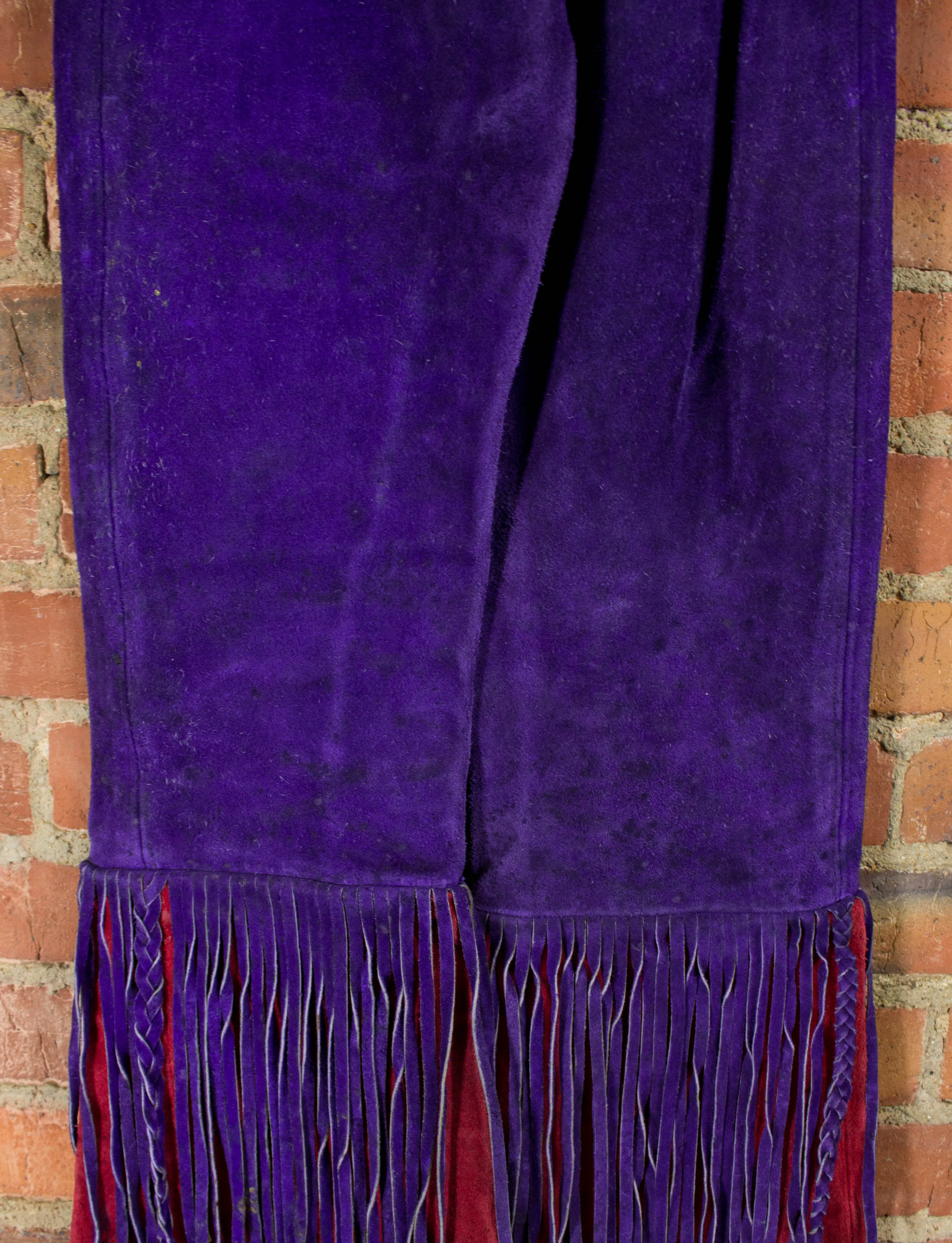 Vintage 70s Suede Front Lacing Fringe Purple and Red Bellbottom Pants Unisex 26/28x29